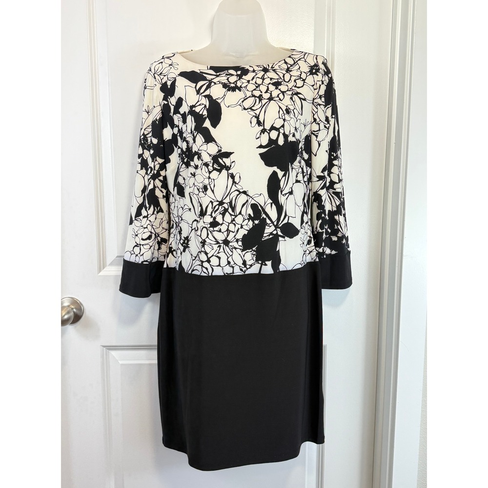 American Living Womens Floral Colorblock Sheath Dress Black White 3/4 Sleeve 8